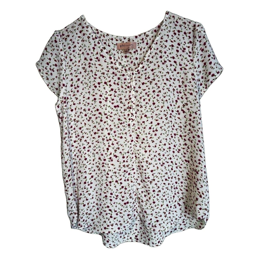 Philosophy Women's Floral Sleep Shirt Woven Button V-Neck Short Sleeve Size L
